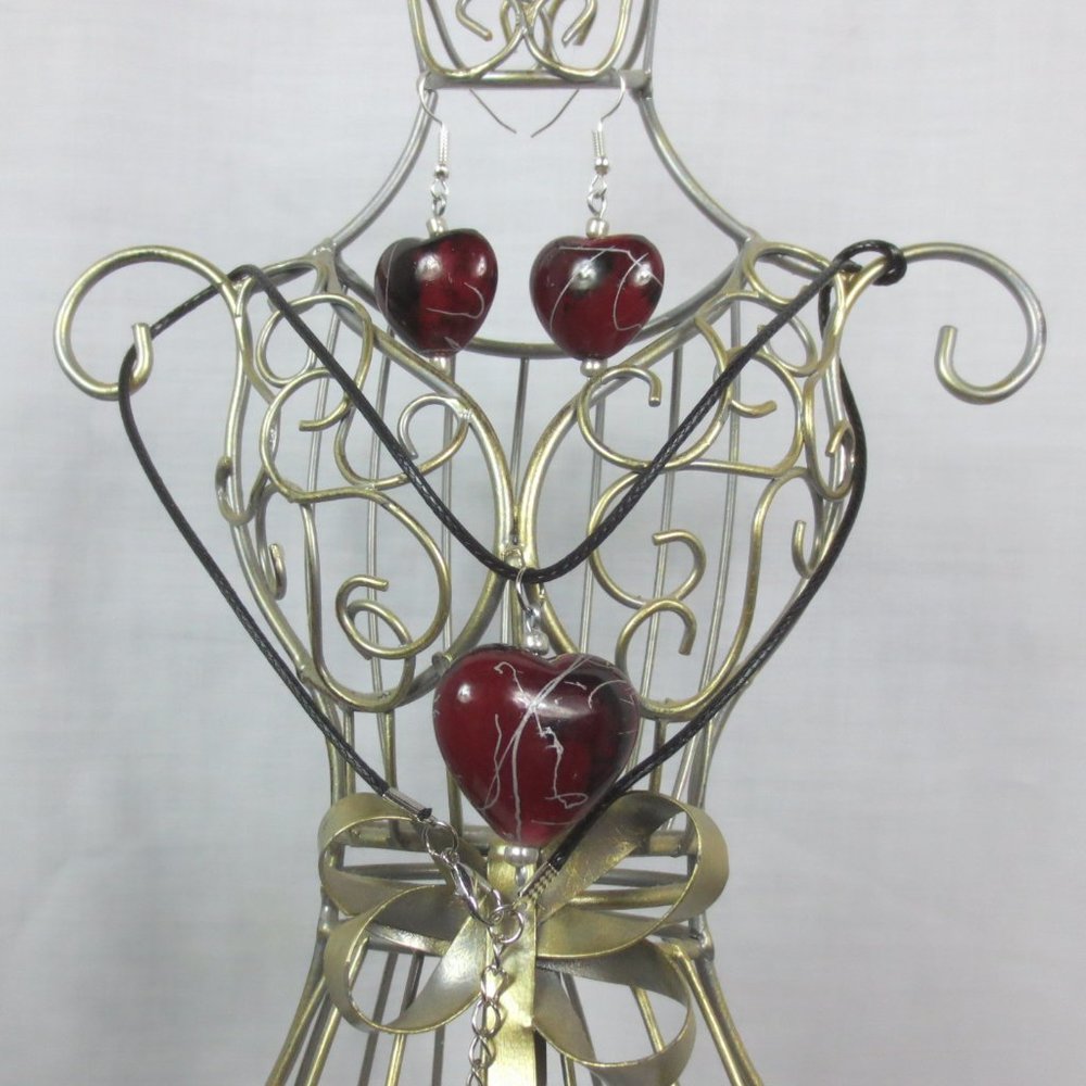 Handcrafted Necklace Pierced Earrings Set Red Black Silver Hearts Adjustable OS